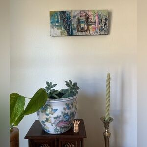 Original mixed media painting with oil pastel paint on wood block textural art